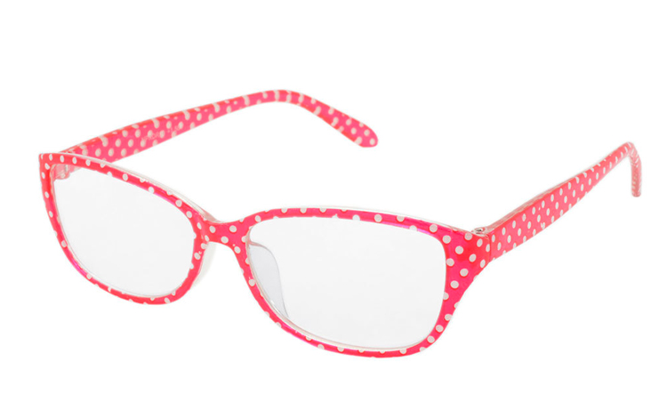 Læsebrille i pink og hvid polkaprikket design. Etui i samme farver medfølger - Design nr. b370
