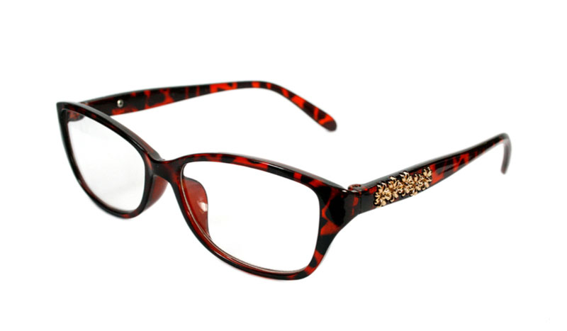 Rød-brun skildpadde/leopard brille med guldfarvet blomster på stang. - Design nr. b144