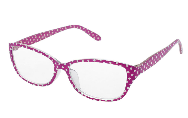Læsebrille i lilla og hvid polkaprikket design. Etui medfølger - Design nr. b369