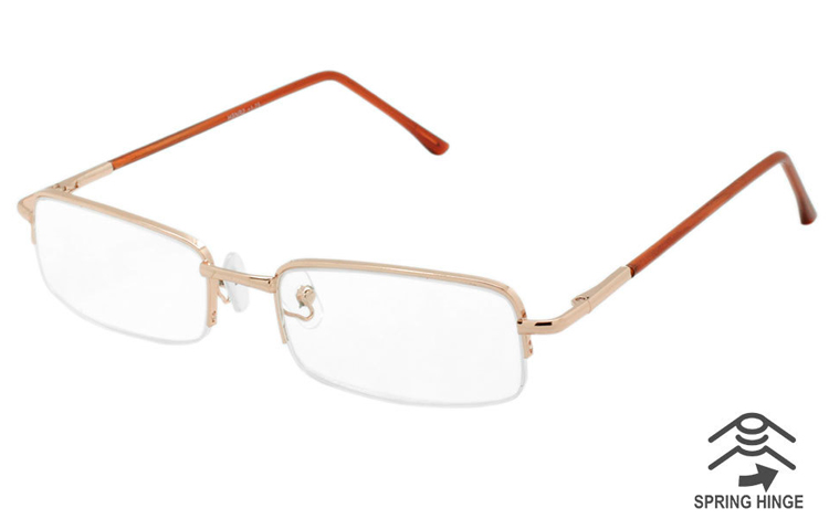 Flot enkelt brille i guldfarvet metal, hvor stellet kun holder den øverst del af brillen. - Design nr. b418