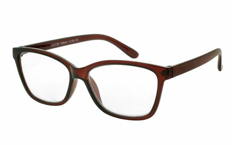 Damebrille i rød-brun, cateye design.