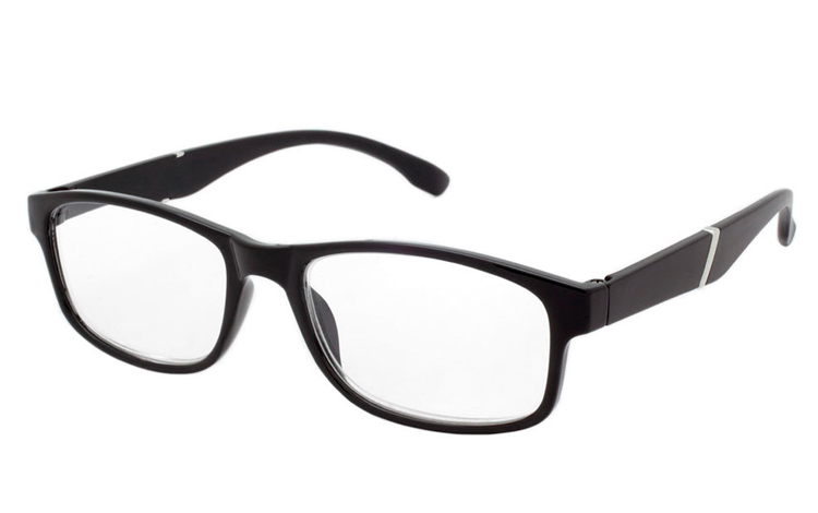 Blank sort brille med matte stænger og sølv detalje.