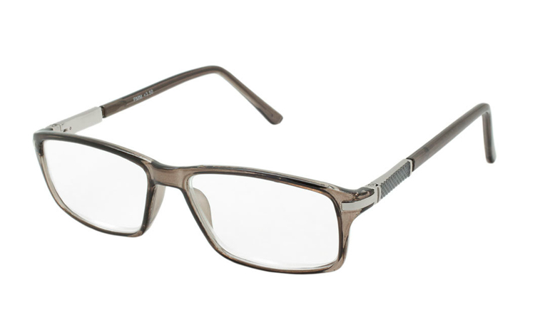 Røgfarvet brille med sølvfarvet metal detalje i hjørne
