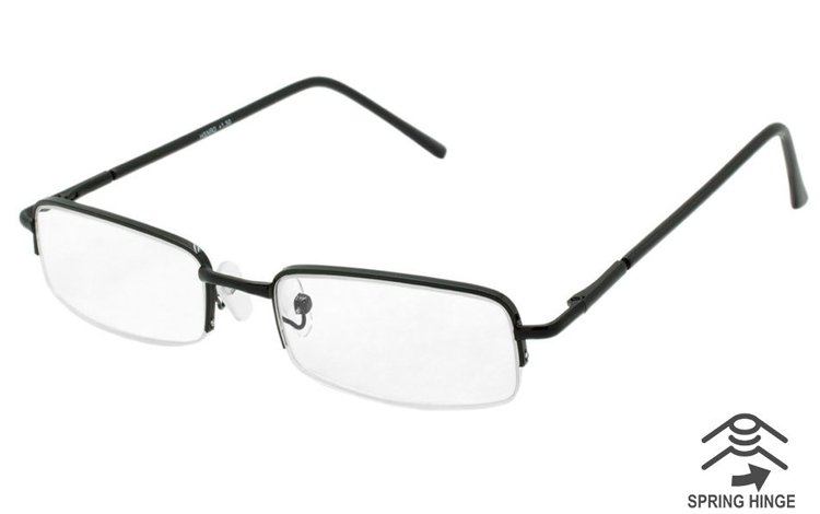 Flot enkelt brille i sort metal, hvor stellet kun holder den Ã¸verst del af brillen